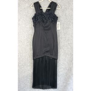 VTG Celavie Dress Womens 9/10 Black Floral Applique Pleated Fairygoth 80s NWT